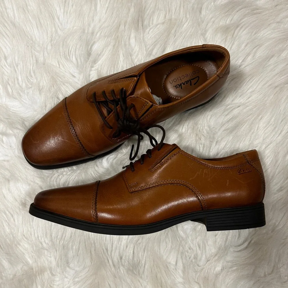 Clarks Whiddon Cap Mens Tan Leather Oxford Dress Shoes Size 9 Wide 261300968080